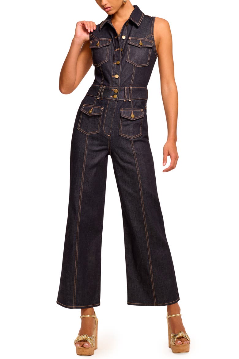 Stephania Topstitch Detail Sleeveless Denim Jumpsuit, Main, color, RESIN RINSE