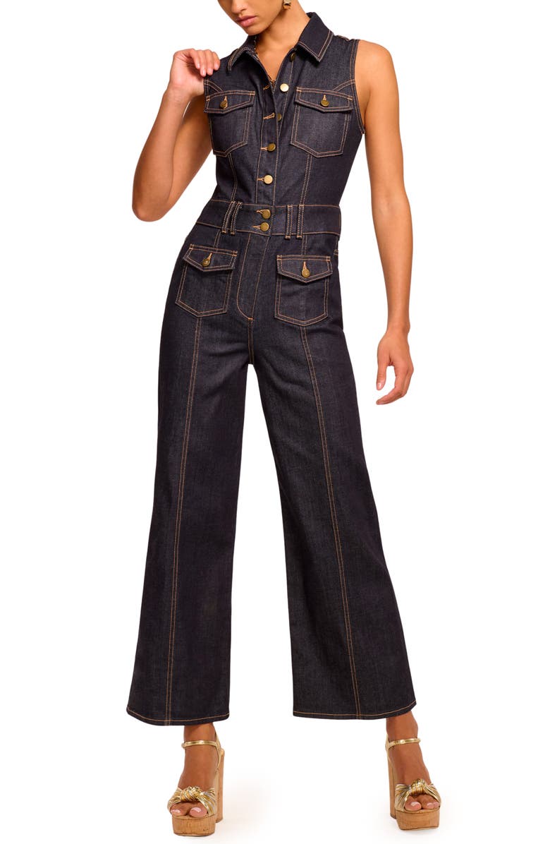 Ramy Brook Stephania Topstitch Detail Sleeveless Denim Jumpsuit, Main, color, Resin Rinse