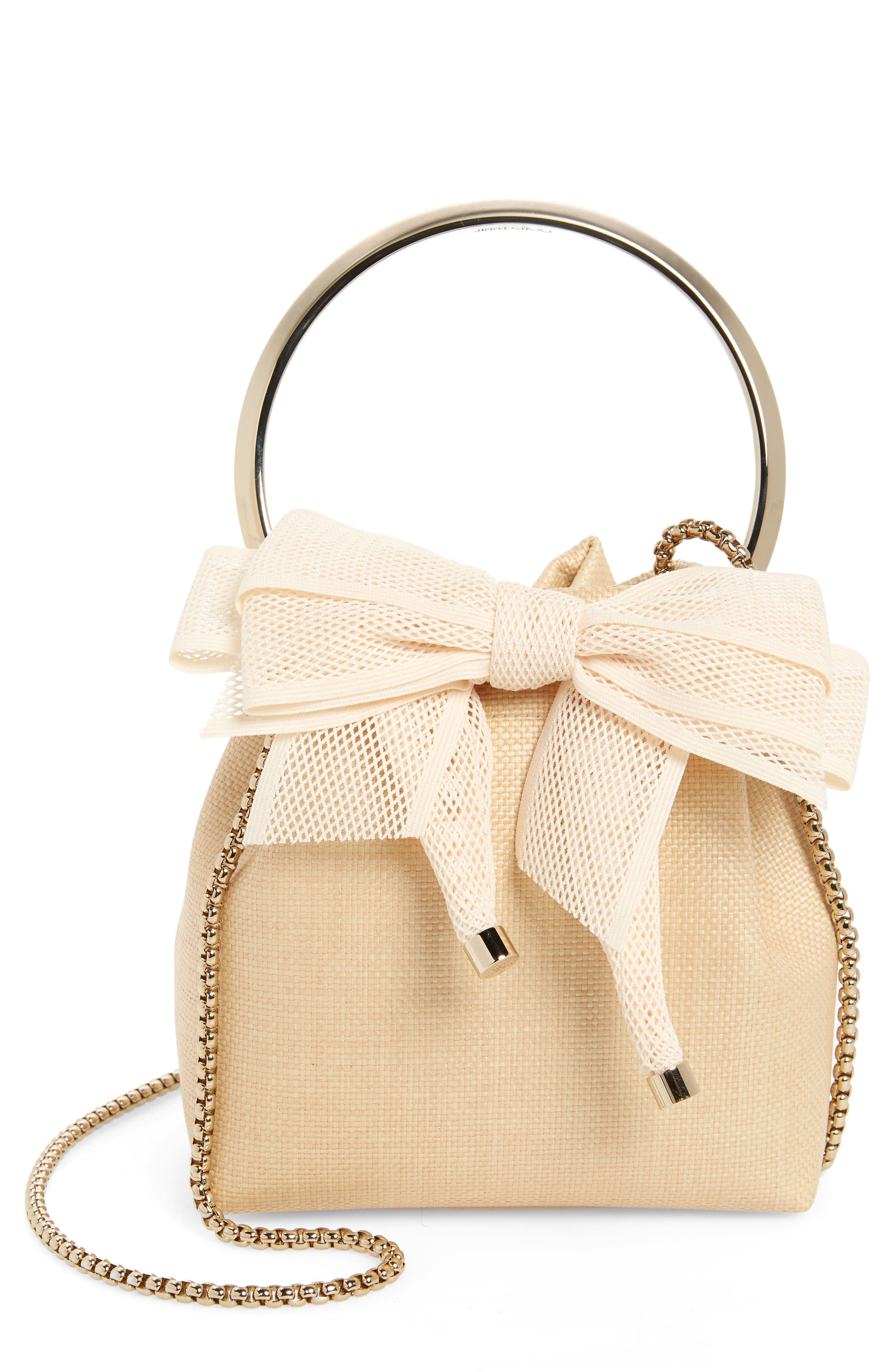 Jimmy Choo Bon Bon Bow Raffia Bucket Bag, Main, color, 