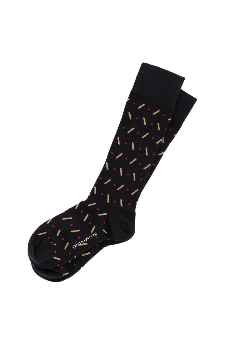 Trafalgar Jevin Dot and Dash Mid-Calf Combed Cotton Dress Socks, Alternate, color, Black