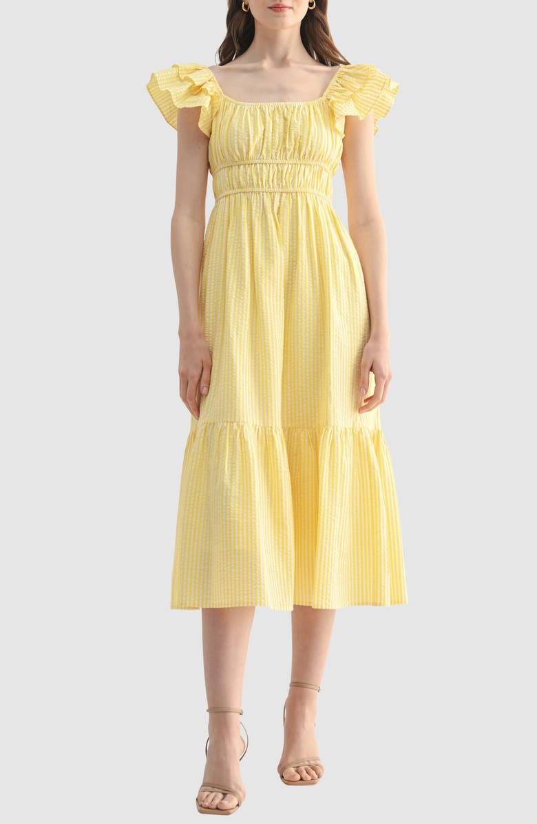Lush Cinched Waist Tiered Cotton Midi Dress, Main, color, Yellow Stripe