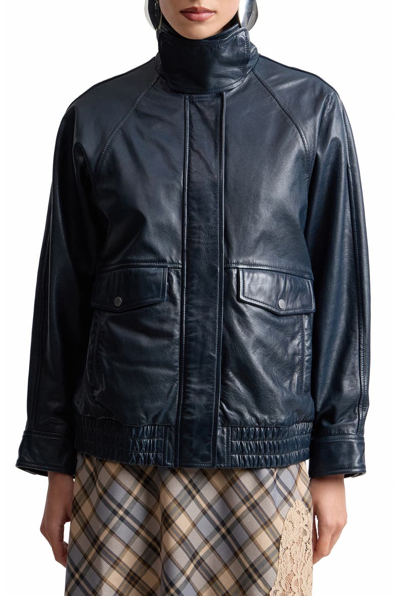 Oversize Leather Bomber Jacket, Main, color, INK