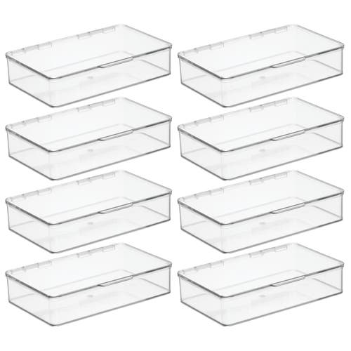 Mdesign Plastic Bath Stacking Storage Organizer Box, Hinged Lid, 8 Pack In Transparent