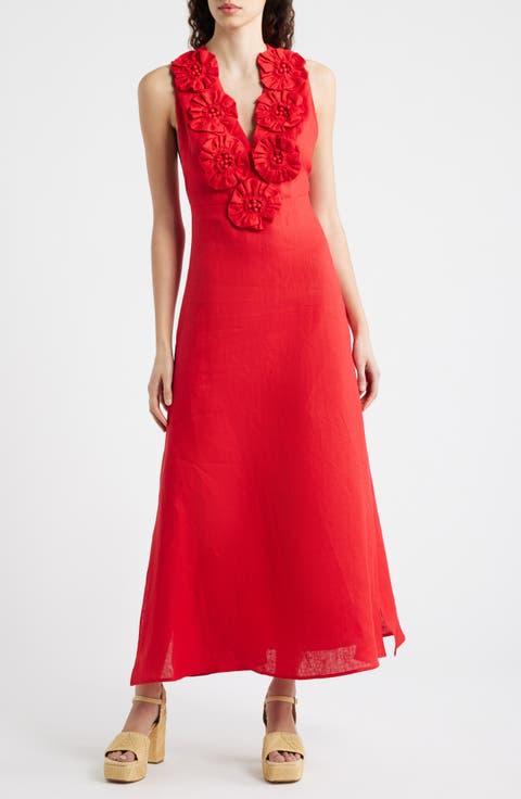 Floral Appliqué Linen Midi Dress