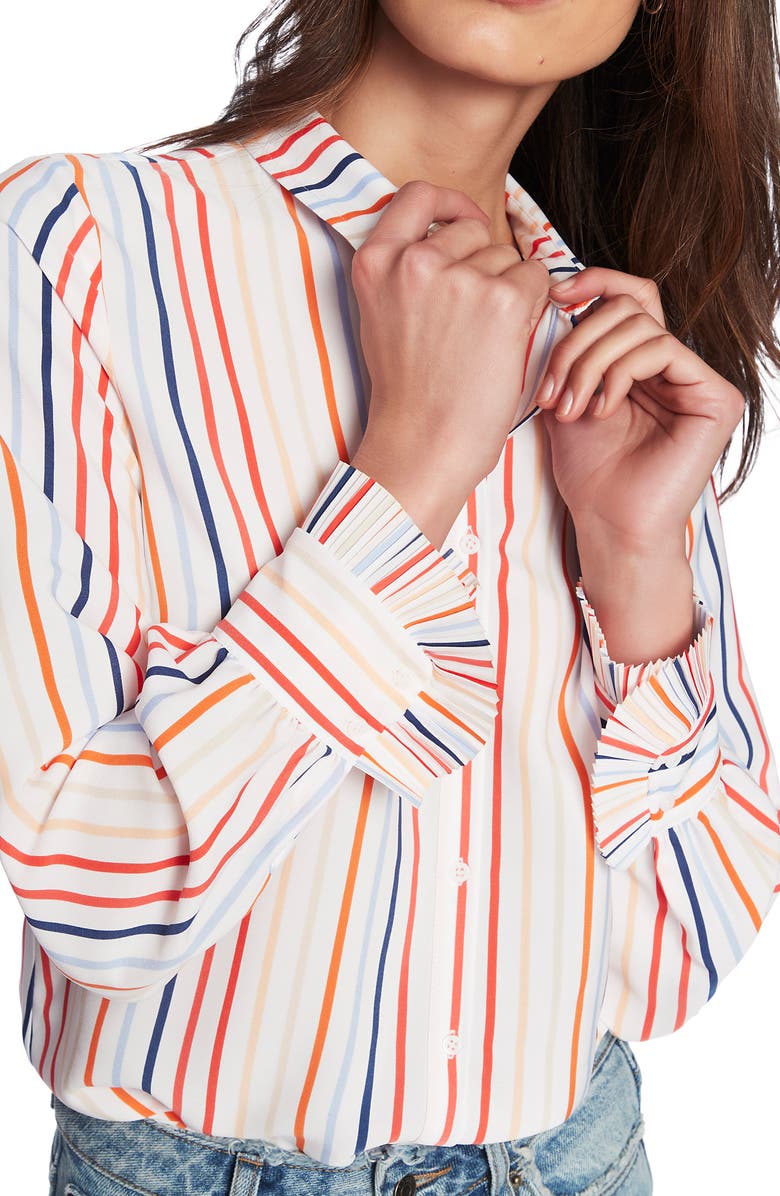 Court & Rowe Tropical Stripe Ruffle Detail Button-Up Shirt, Alternate, color,