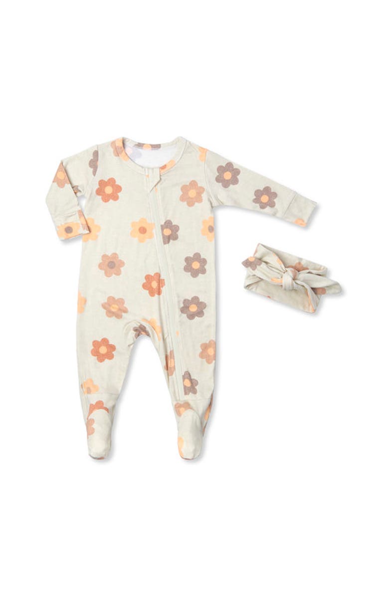 Everly Grey Jersey Long Sleeve Footie & Head Wrap Set, Main, color, Daisies