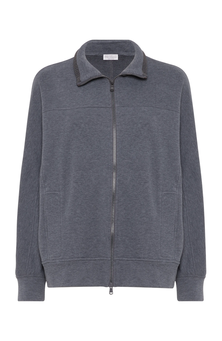 Brunello Cucinelli Cotton smooth French terry sweatshirt with precious ribbed collar, Main, color, 