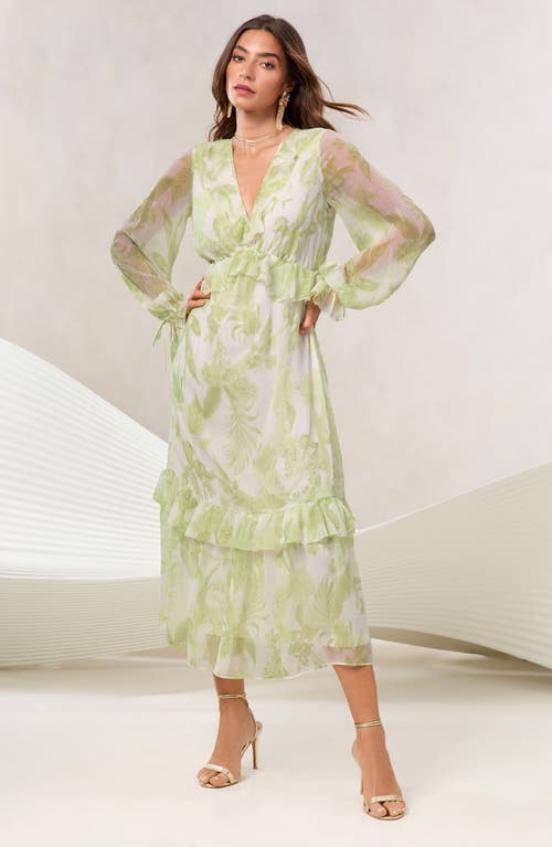Lipsy Long Sleeve Floral Print Chiffon Dress In Green