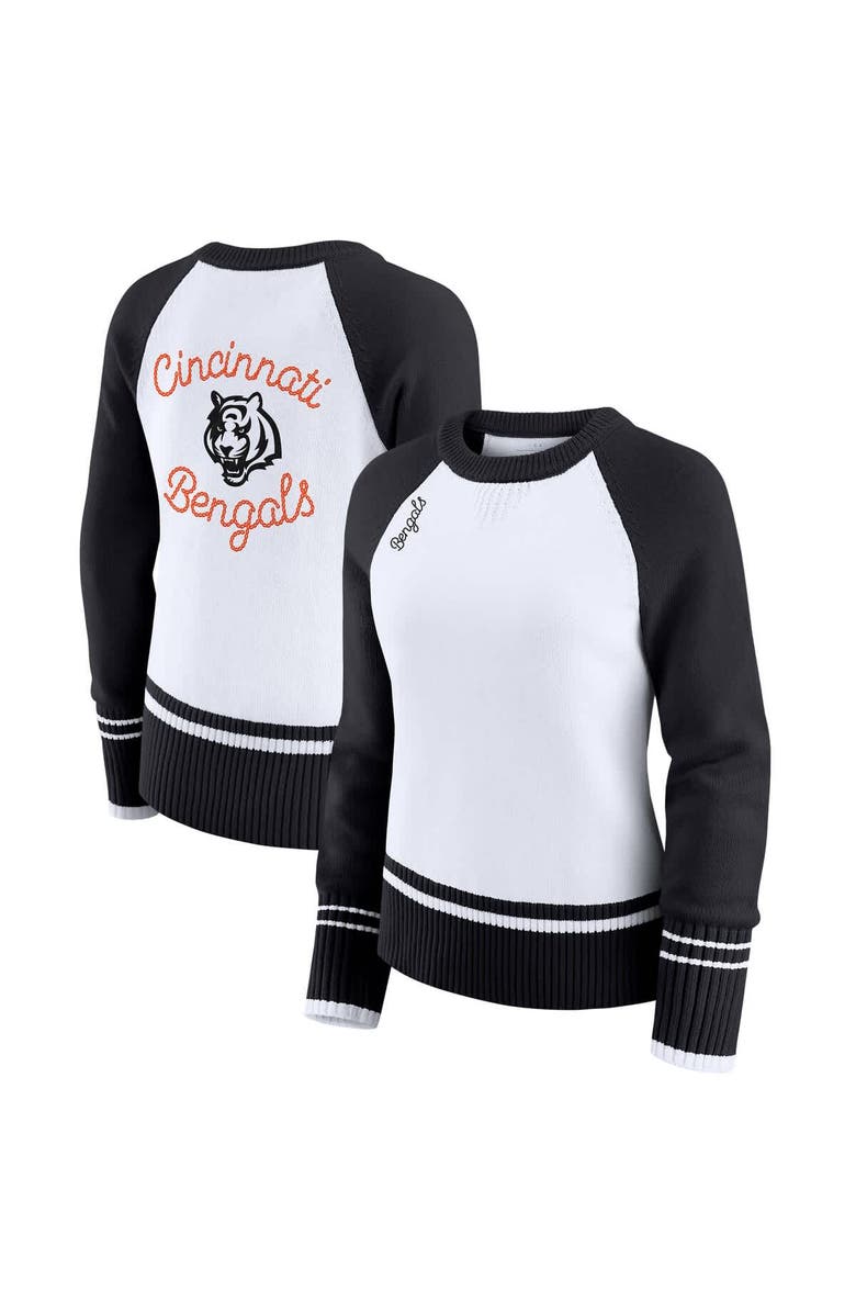 WEAR by Erin Andrews Women
s WEAR by Erin Andrews White/Black Cincinnati Bengals Colorblock Raglan Sweater, Main, color, White