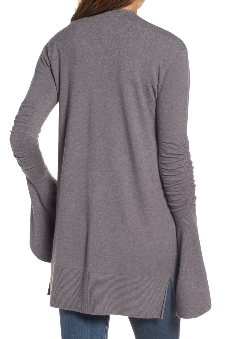 Ruched Bell Sleeve Cardigan, Alternate, color, GREY DARK HEATHER