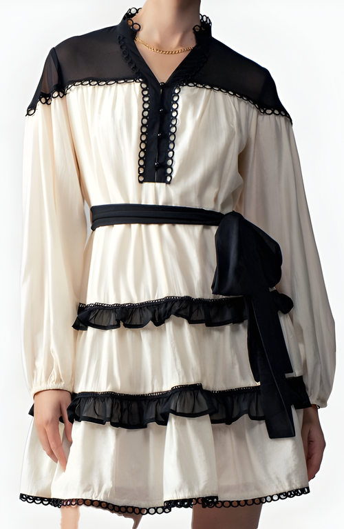 Modenaire Contrast Trim Mini Dress With Waist Tie And Tiered Skirt In Multi