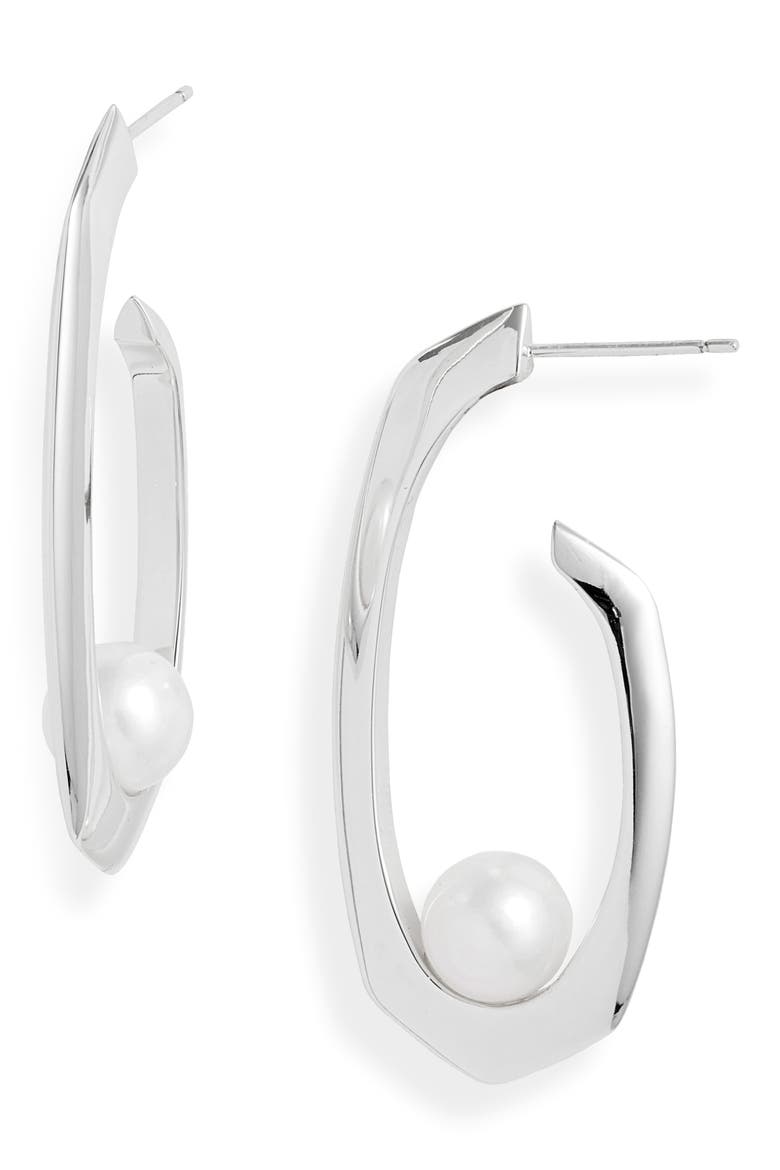 Rowan Freshwater Pearl Hoop Earrings, Main, color, RHODIUM WHITE PEARL