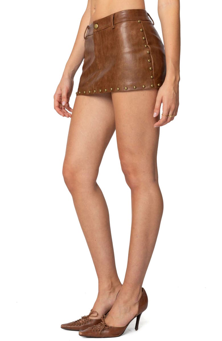 EDIKTED Studded Faux Leather Miniskirt, Alternate, color, Brown