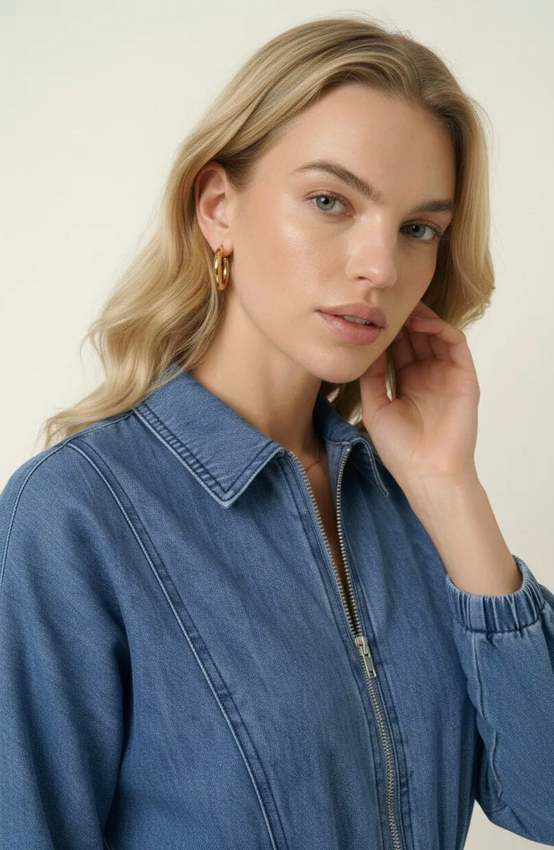 Modenaire Zip Front Romper with Smocked Waist and 3/4 Sleeves, Alternate, color, Blue