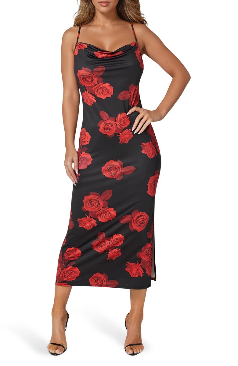 bebe Floral Slipdress, Main, color, Black/ Rose