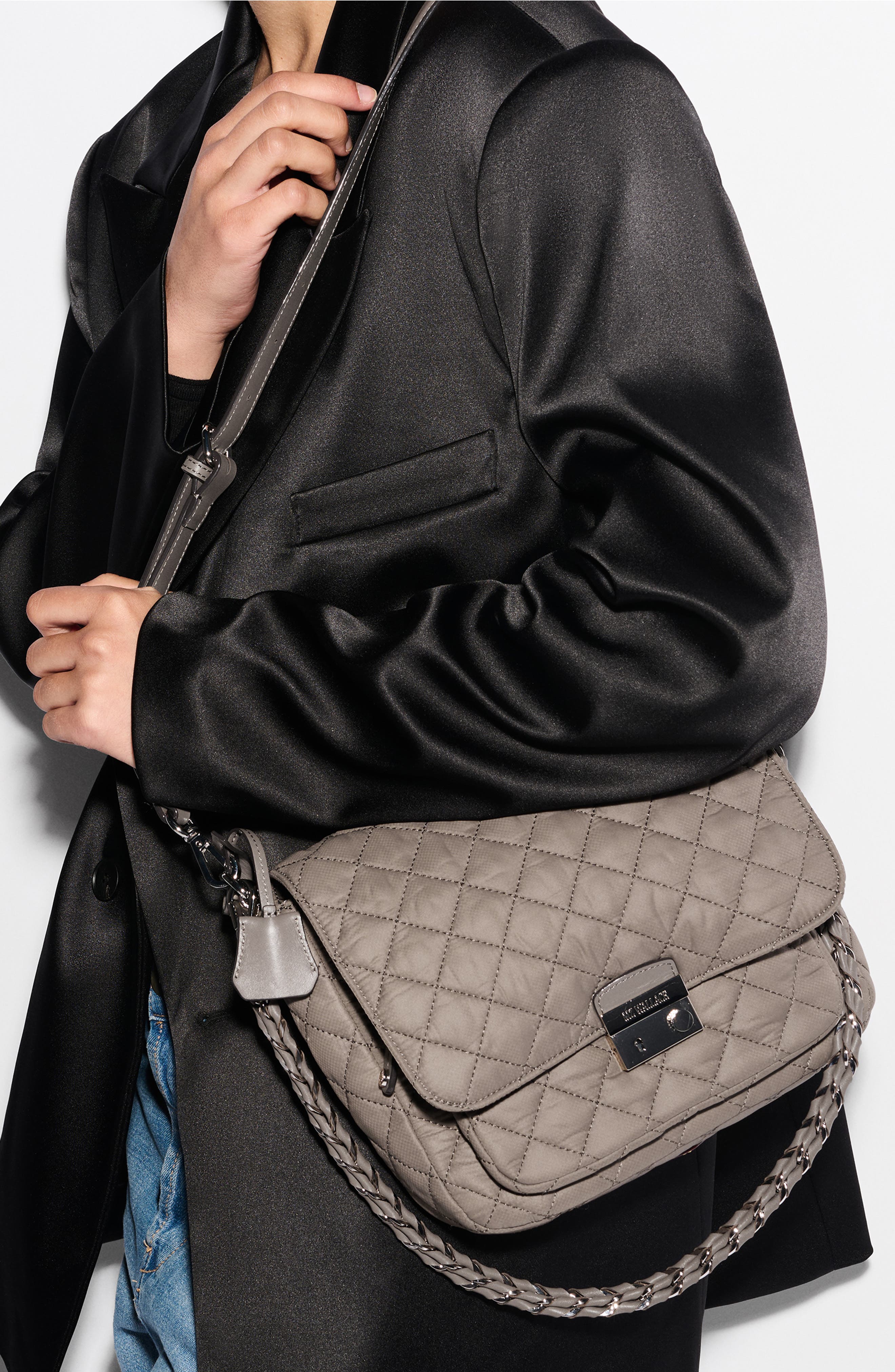 MZ Wallace Medium Crosby Lock Quilted Nylon Crossbody Bag, Alternate, color, Morning Dove