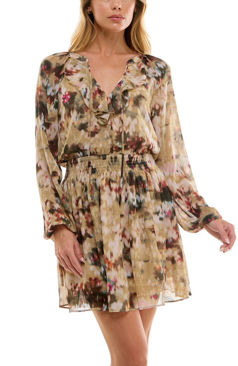 Socialite Long Sleeve Ruffle Tiered Minidress, Alternate, color, Tan/ Olive