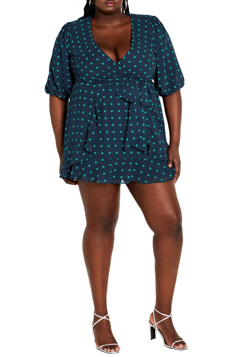 Lavender Puff Sleeve Faux Wrap Dress, Main, color, NAVY/ GREEN DOT