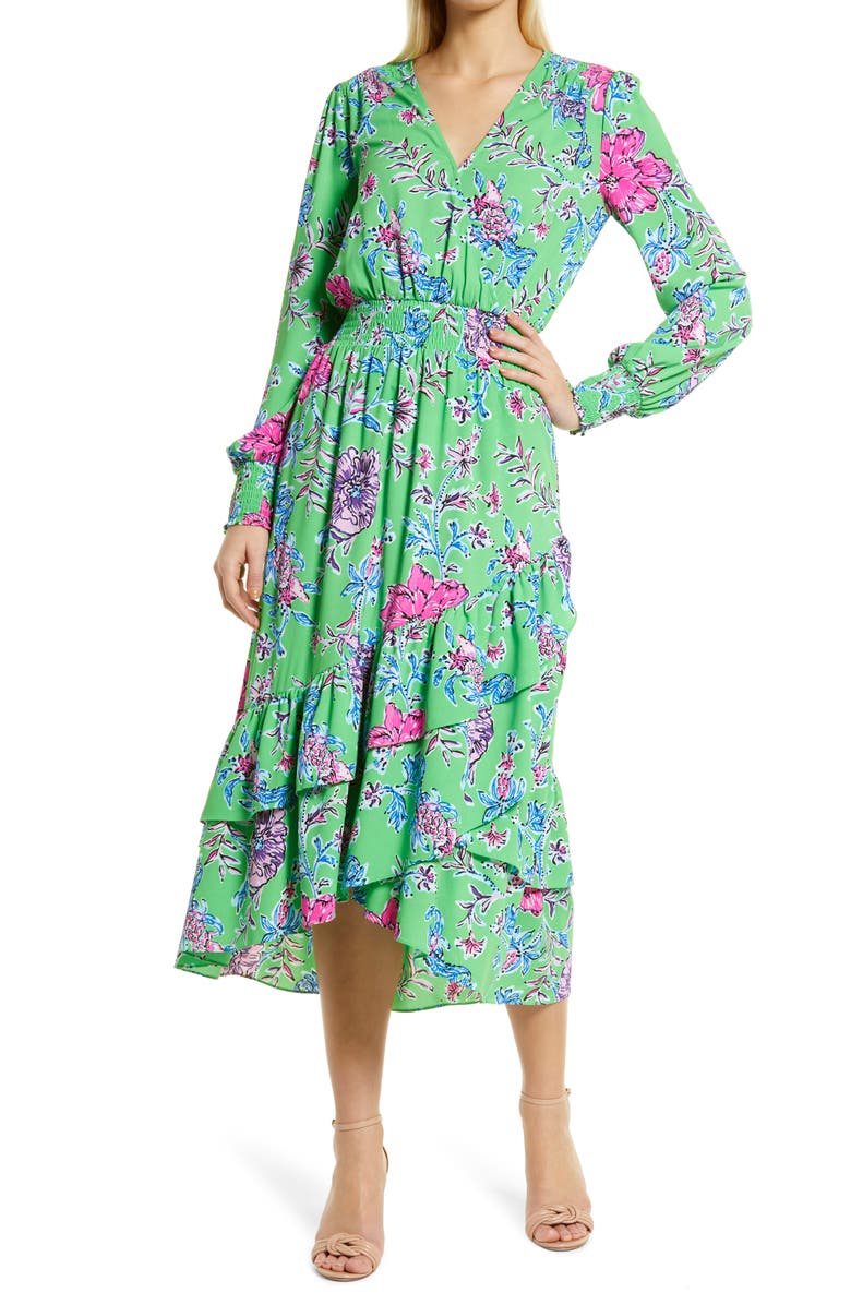 Lilly Pulitzer<sup>®</sup> Cristiana Floral Long Sleeve Stretch Midi Dress, Main, color, Gecko Green Brewsters Blooms