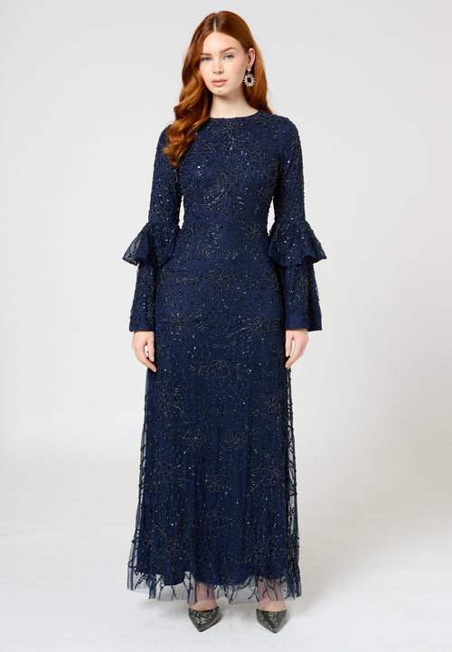 Maryisa Modest Embellished Sequin Beaded Maxi Dress With Frilled Sleeves
