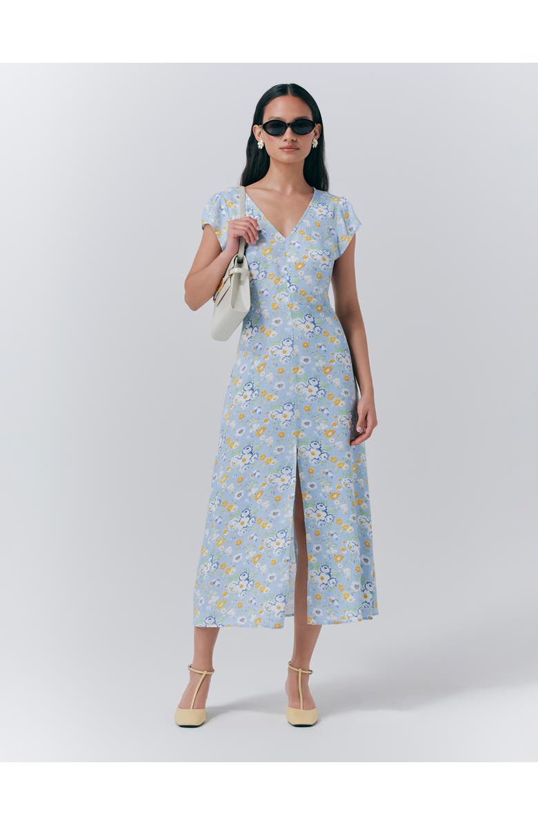 Ghost London Blair Crepe Floral Sleeveless Midi Dress, Main, color, Blue Country Flowers