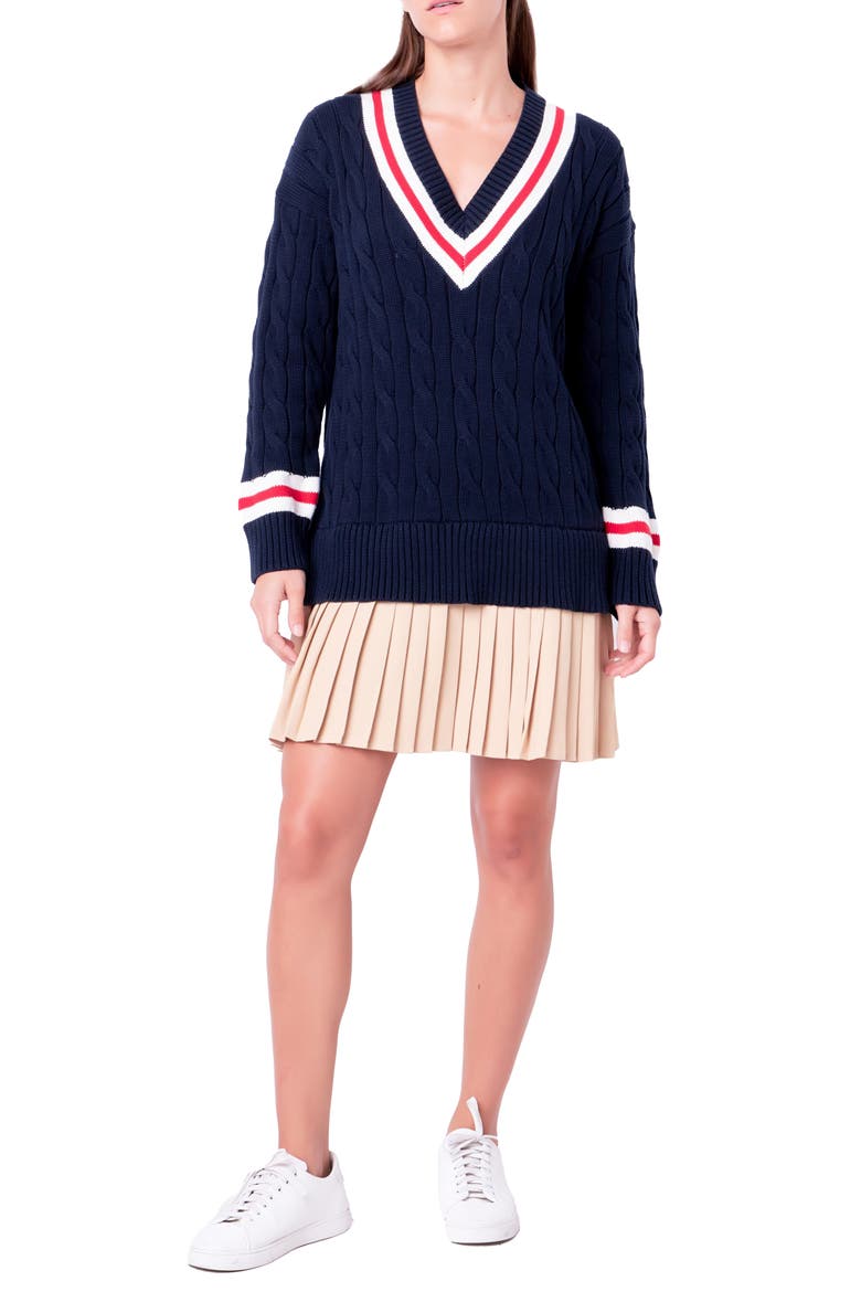 Cable Knit Pleated Sweater Dress, Main, color, NAVY MULTI