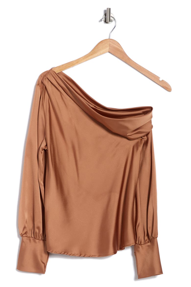 Asymmetrical Drop Shoulder Satin Top, Alternate, color, CARAMEL