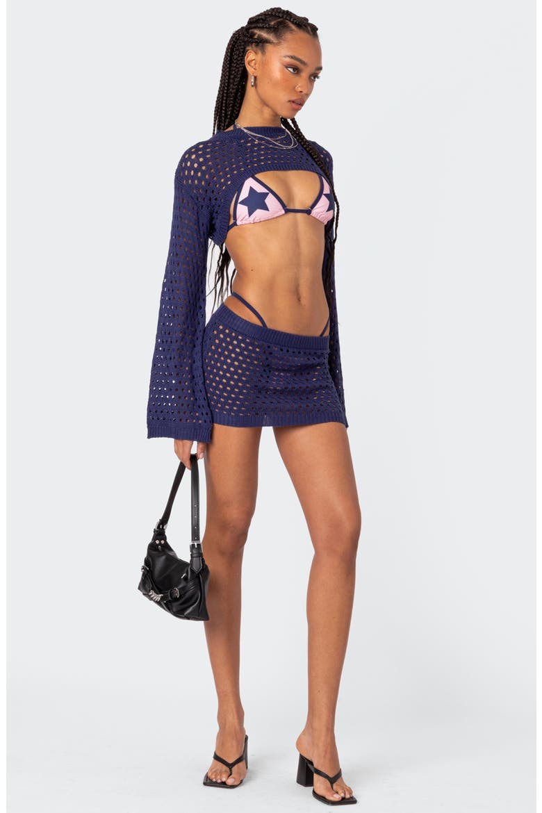 Celena Open Knit Cover-Up Miniskirt, Alternate, color, NAVY