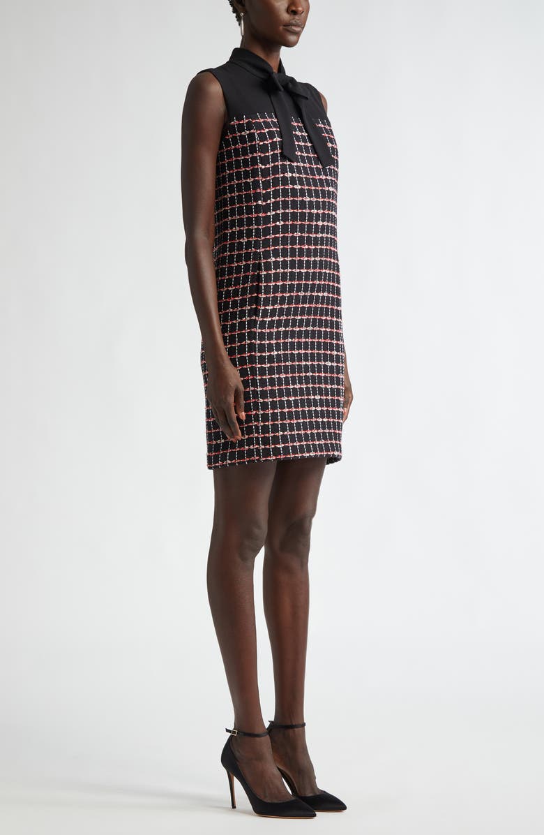 ST. JOHN Windowpane Check Mixed Media Sleeveless Sheath Dress, Alternate, color, Black/ Haute Red/ Pearl Multi