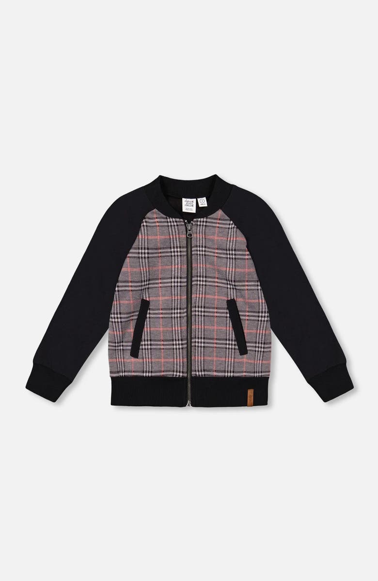 Deux par Deux Bi-Material Zip Front Jacket Plaid, Main, color, Gray And Black