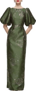 Dessy Collection Blaine Gilt Floral Puff Sleeve Satin Twill Column Gown