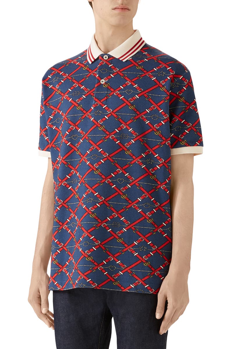 Gucci Belt Chess Print Short Sleeve Piqué Polo, Main, color, 
