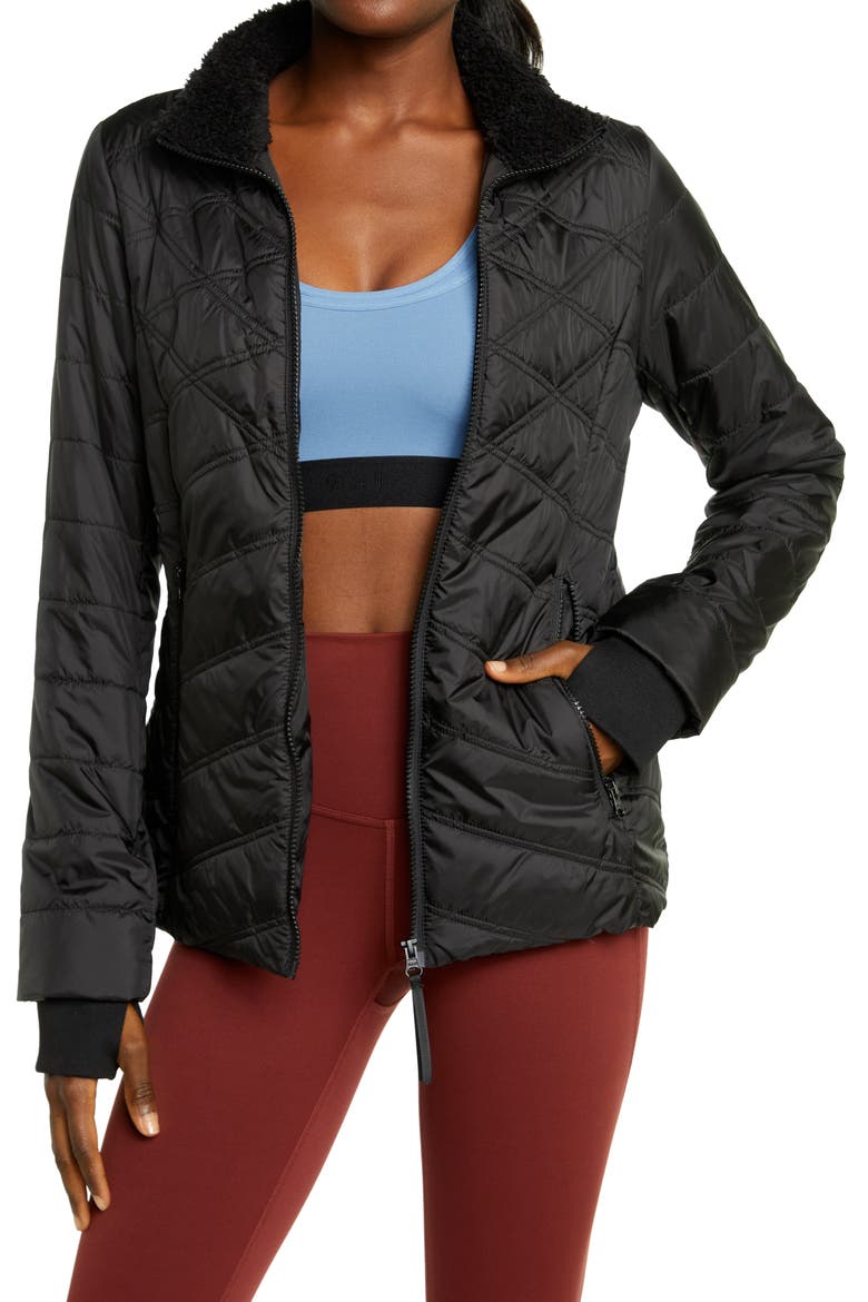 Quilted Short Puffer Jacket with Faux Fur Trim, Main, color, BLACK