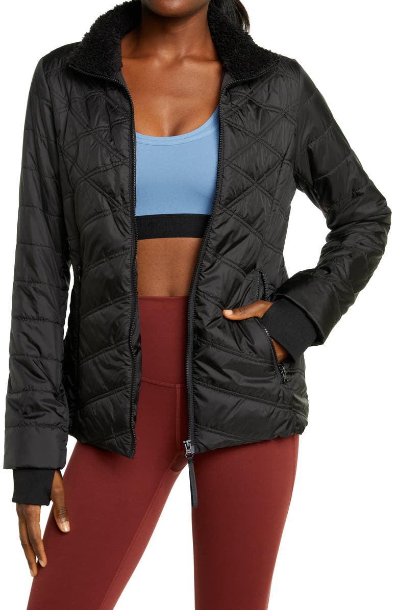 Zella Quilted Short Puffer Jacket with Faux Fur Trim, Main, color,
