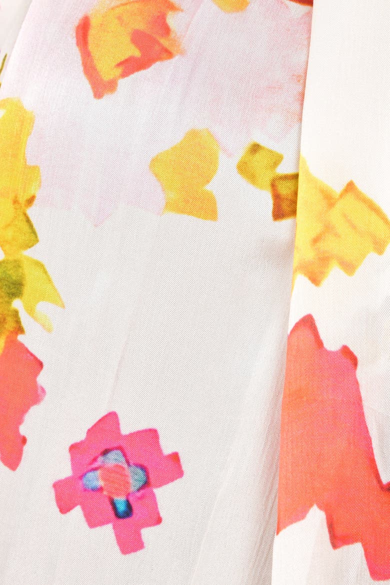 Printed Silk Scarf with Asymmetric Cutwork Border, Alternate, color, White