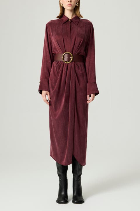 Belted Draped Shirt-Collar Maxi Dress