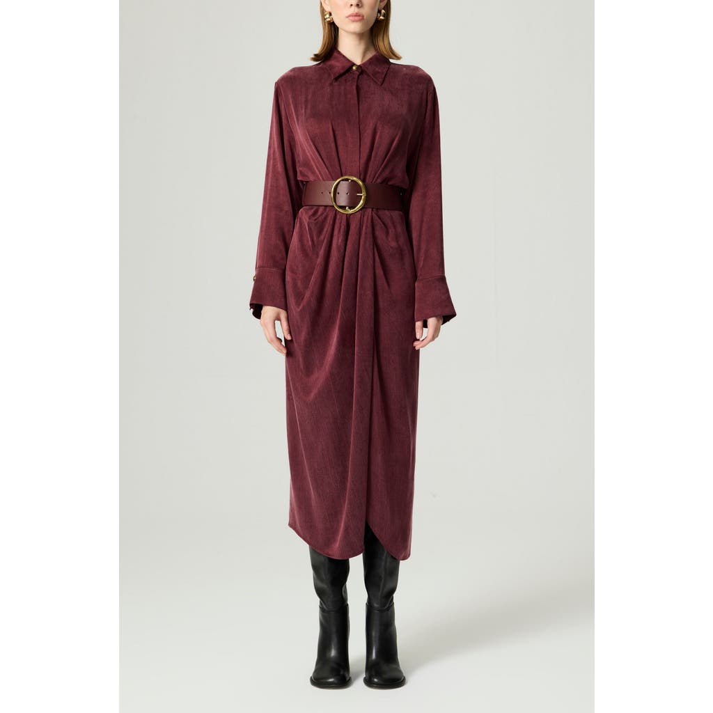 Nocturne Belted Draped Shirt-collar Maxi Dress In Burgundy