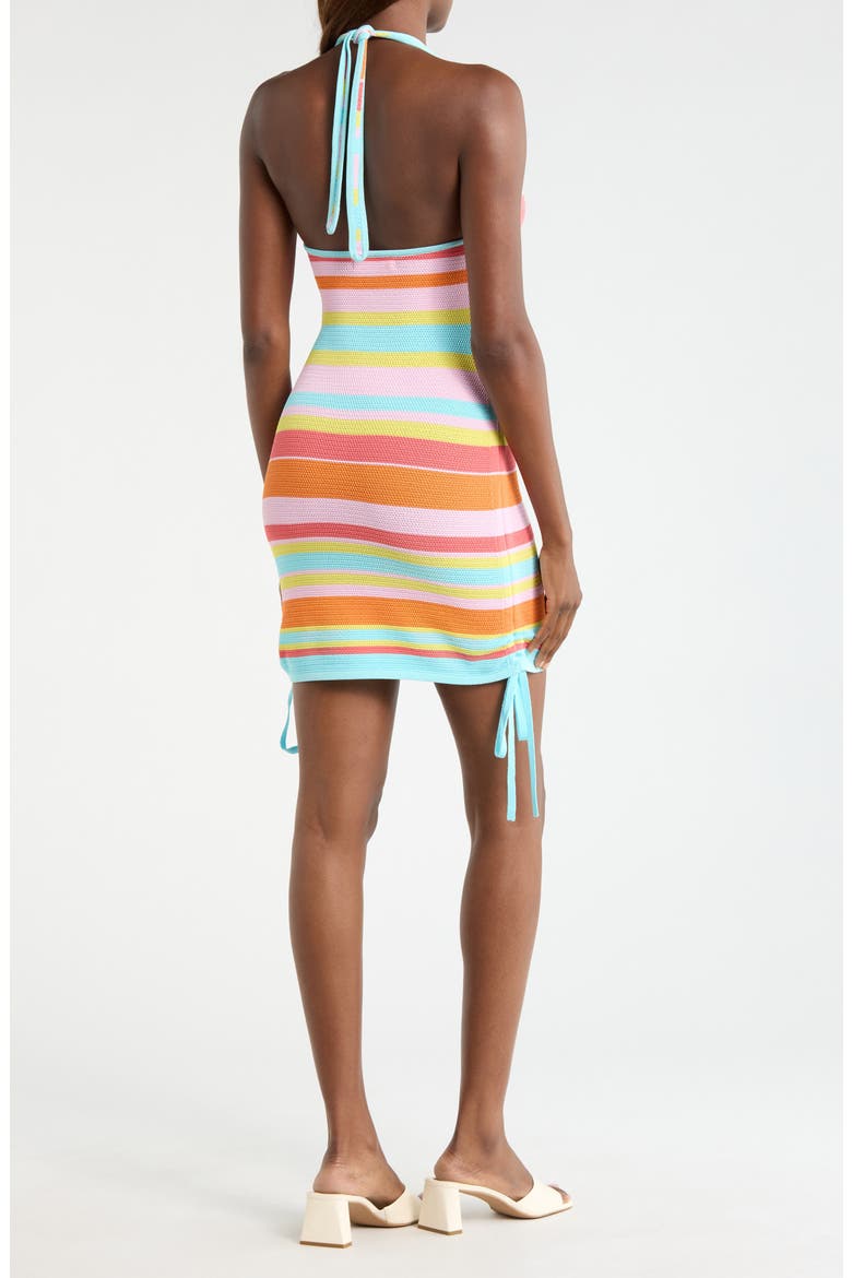 Drawstring Open Knit Halter Minidress, Alternate, color, SUNSET STRIP