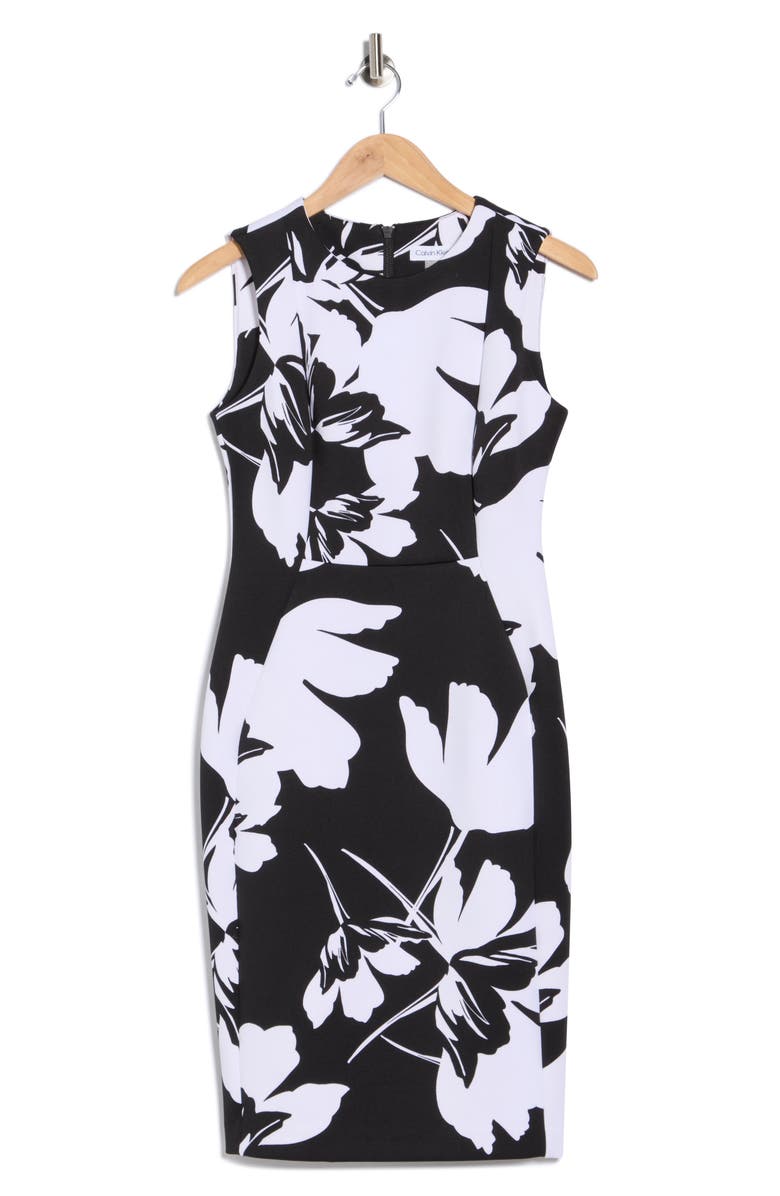 Calvin Klein Floral Print Sheath Dress, Main, color, Black White