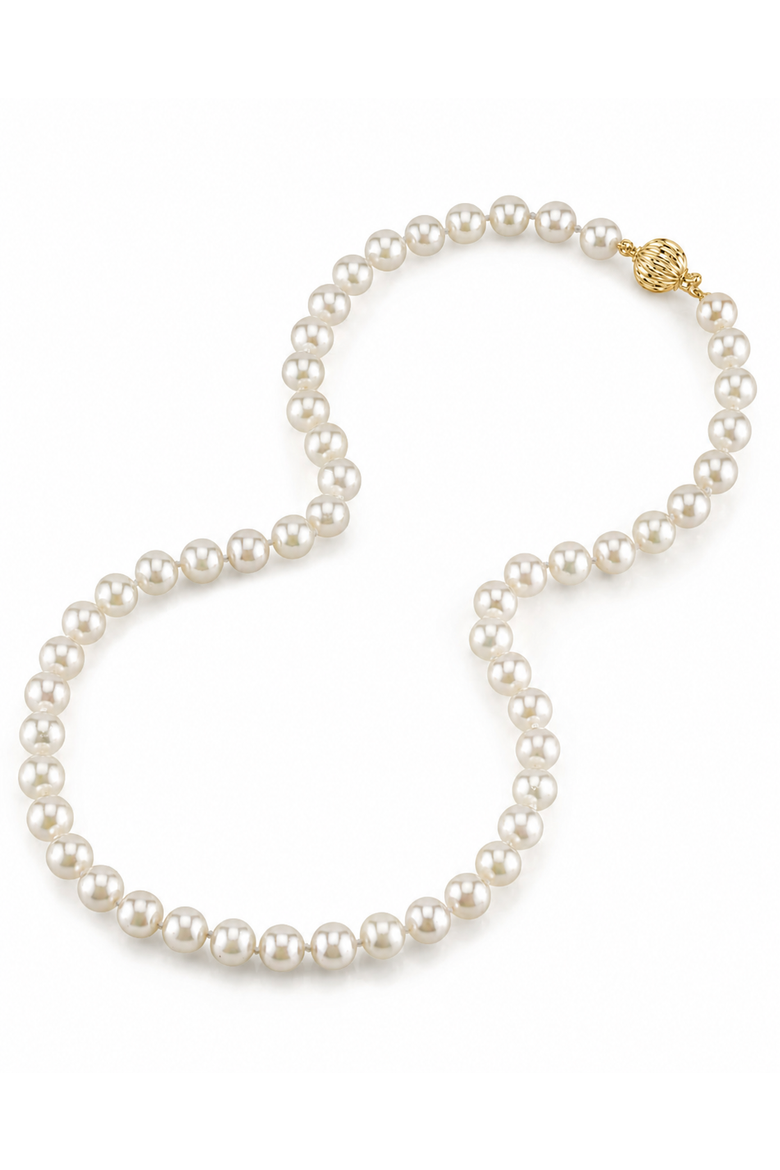 7.5-8.0mm Japanese Akoya White Pearl Necklace - AA+ Quality, Main, color, Yellow Gold Clasp