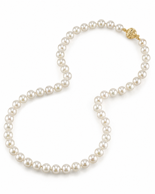 The Pearl Source Gia Certified 7.5-8.0mm Japanese Akoya White Pearl Necklace In Yellow Gold Clasp