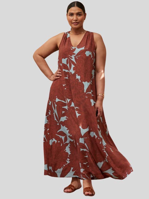 aloha print maxi dress Hoopla Blue Maxi Hawaiian Dress with Hibiscus Blooms