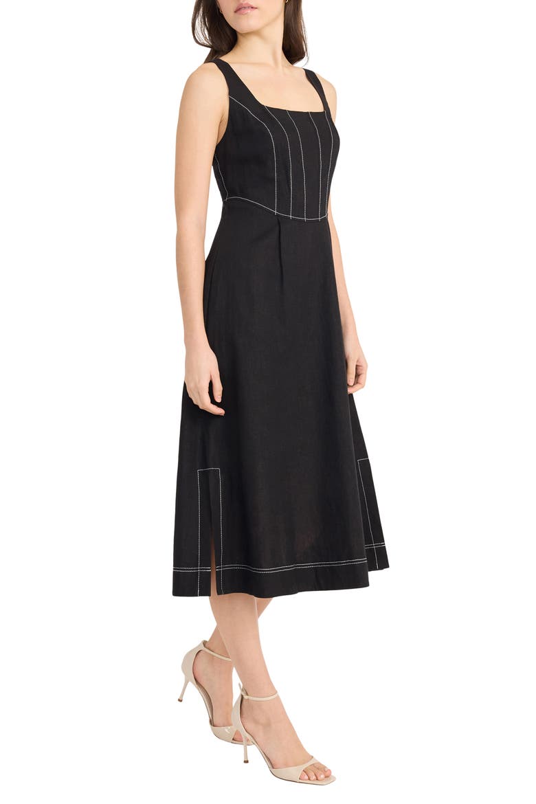 Contrast Topstitch Sleeveless Linen Blend Midi Dress, Alternate, color, BLACK