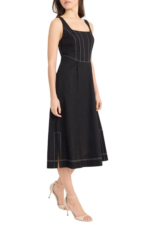 Donna Morgan Contrast Topstitch Sleeveless Linen Blend Midi Dress In Black
