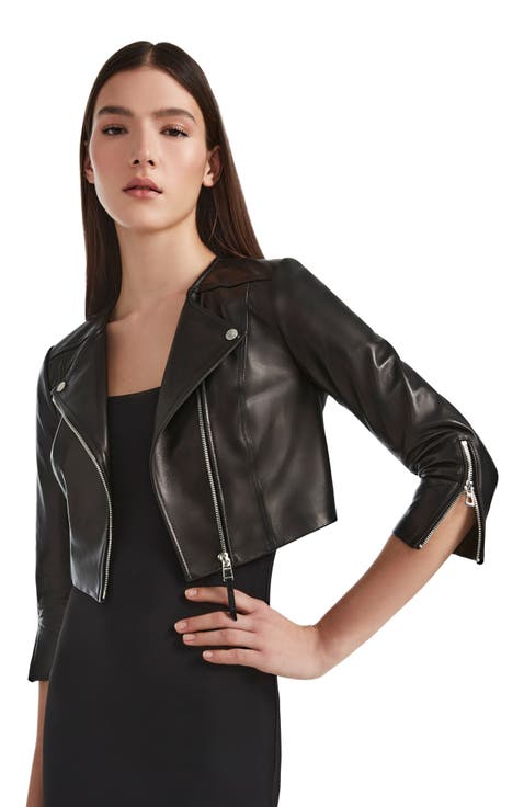 WINNI Black Cropped Leather Biker Jacket for Women
