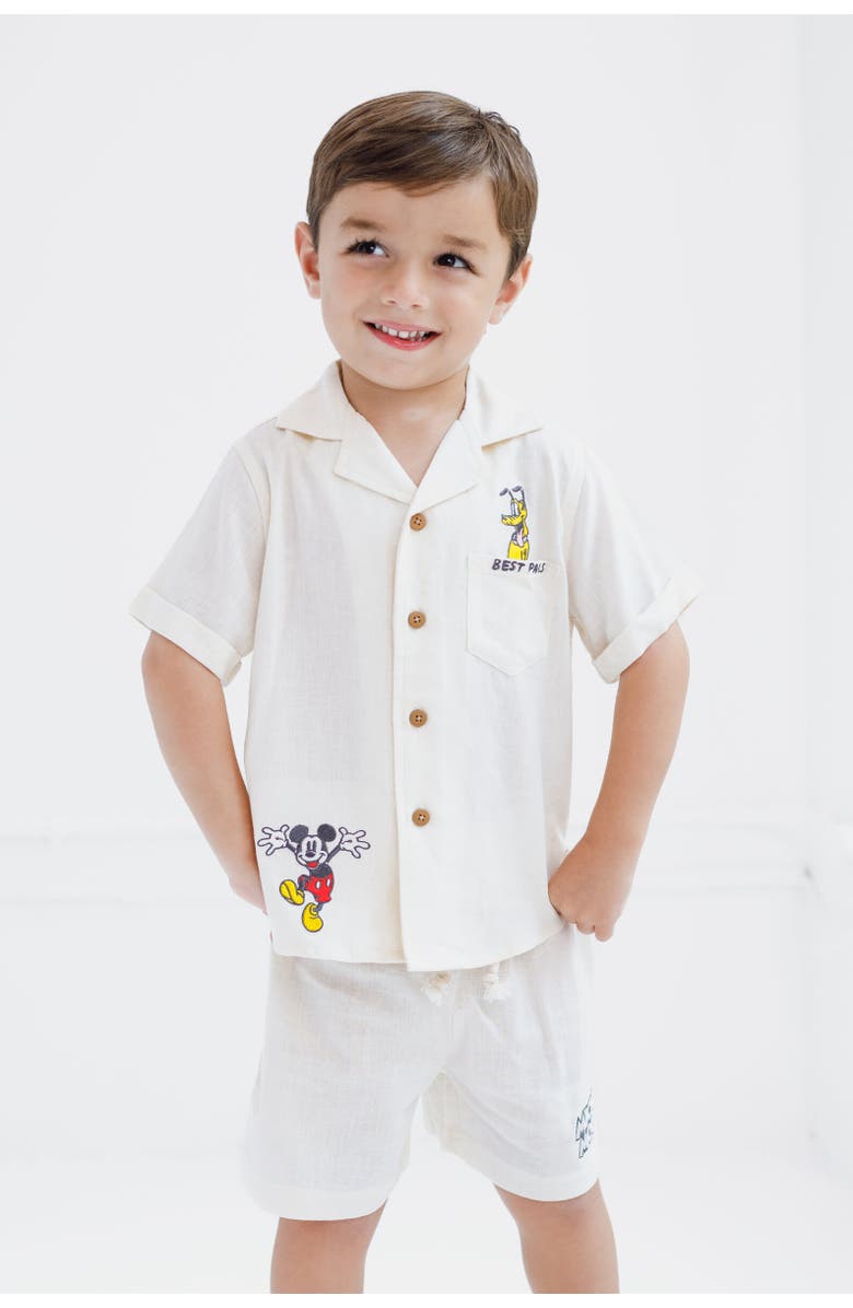 Disney Mickey Mouse & Friends Button-Down T-Shirt & Shorts Set, Alternate, color, Beige