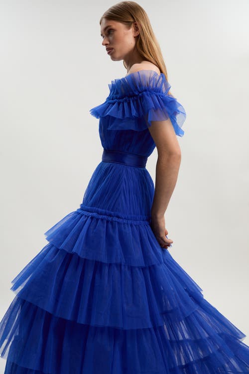 Karen Millen Tulle Off Shoulder Maxi Dress In Blue