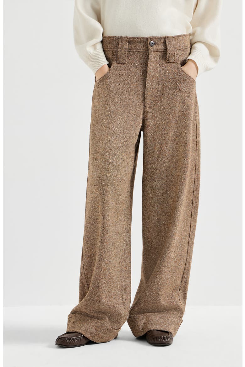 Virgin wool donegal baggy five-pocket trousers with monili, Main, color, Cappuccino