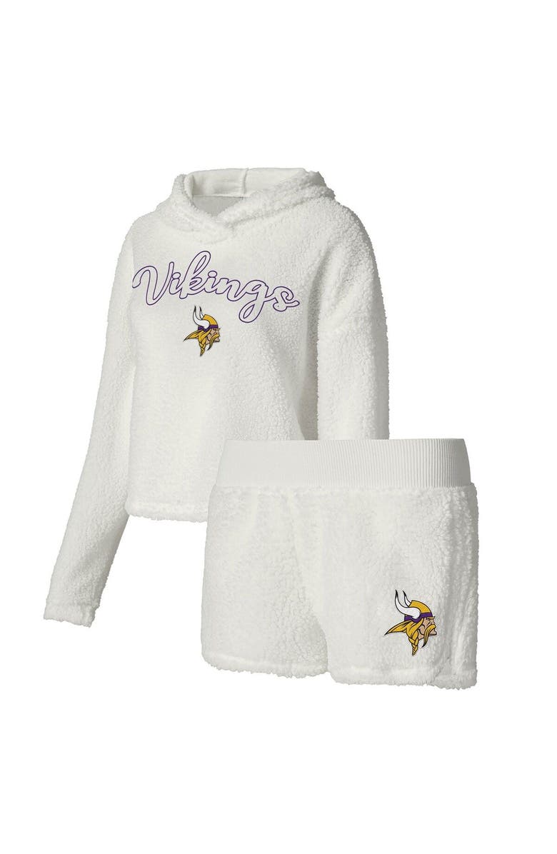 CONCEPTS SPORT Women's Concepts Sport White Minnesota Vikings Fluffy Pullover Sweatshirt & Shorts Sleep Set, Main, color,