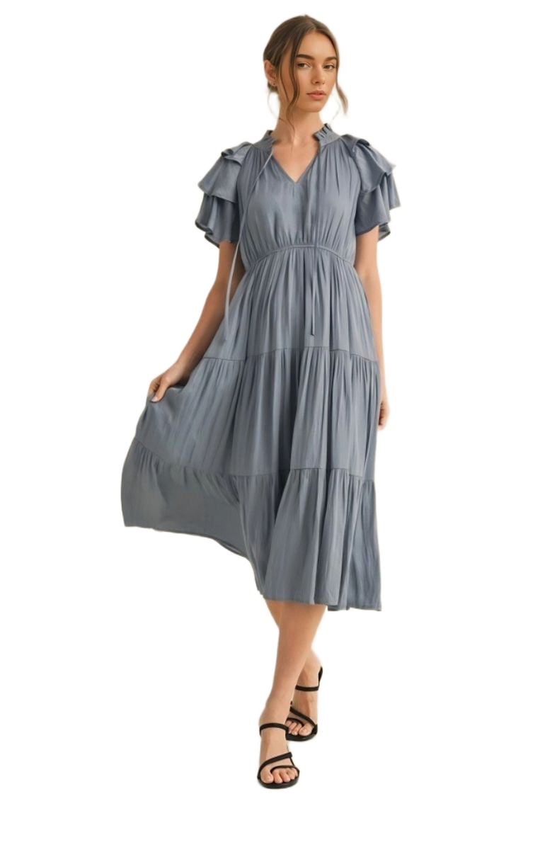 Knit and Lounge Tiered Tie Neck Ruffle Sleeve Midi Dress, Alternate, color, 